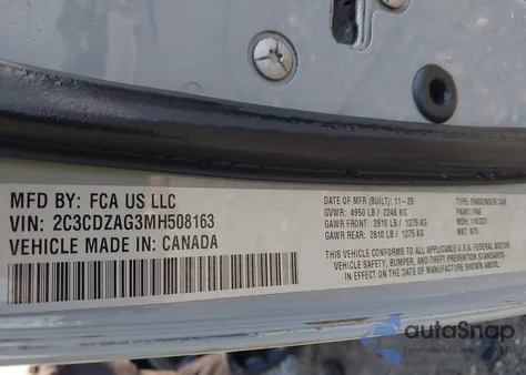 2021 Dodge Challenger Sxt z USA, uszkodzony, nr VIN 2C3CDZAG3MH508163